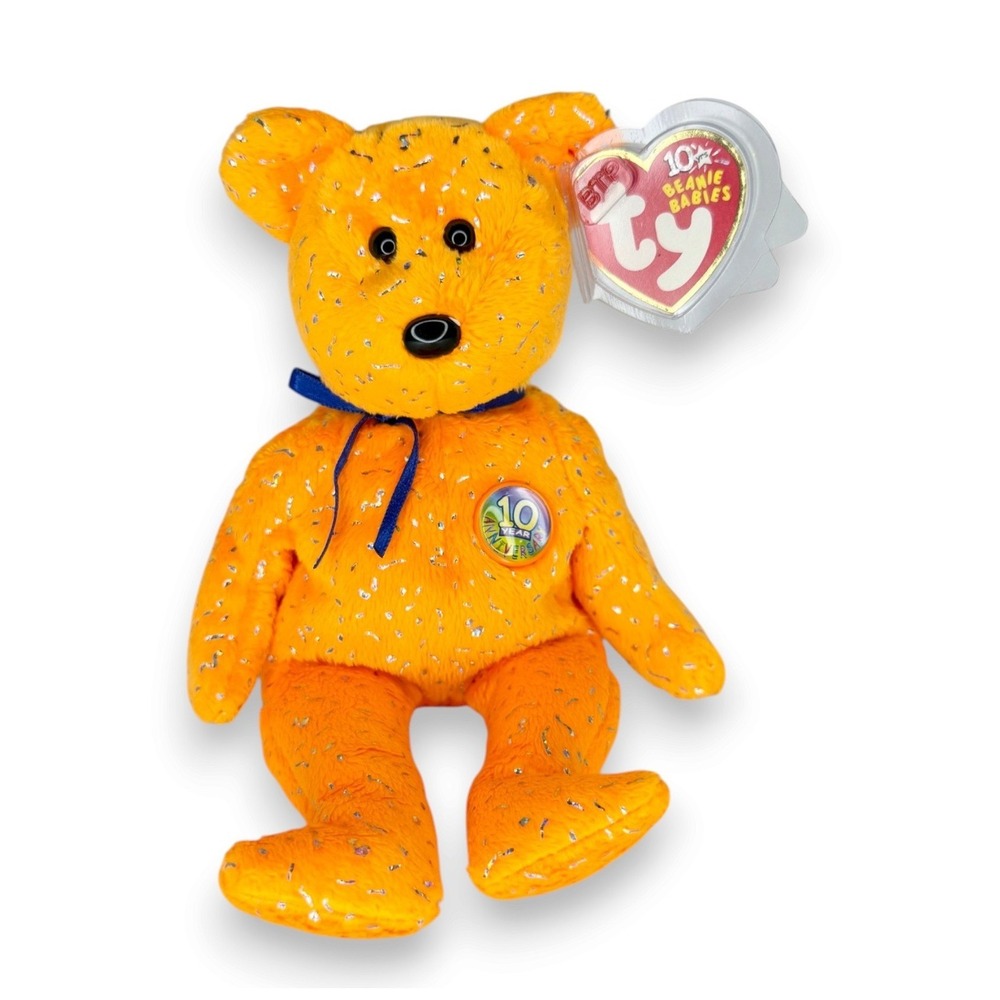 Decade the Bear | Orange 10th Anniversary Bear | Mint Heart Tag TY Beanie Baby